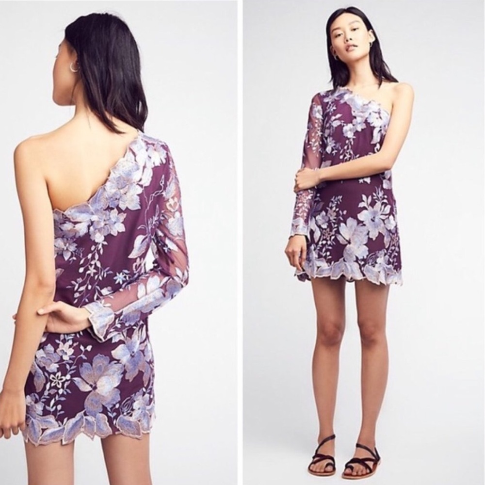 nwt FREE PEOPLE Long Sleeve Purple Sequin Floral One Shoulder Brand New Dress 0